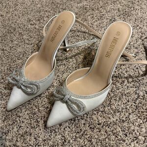 Silver and Cream Slingback Heels with Crystal Bow